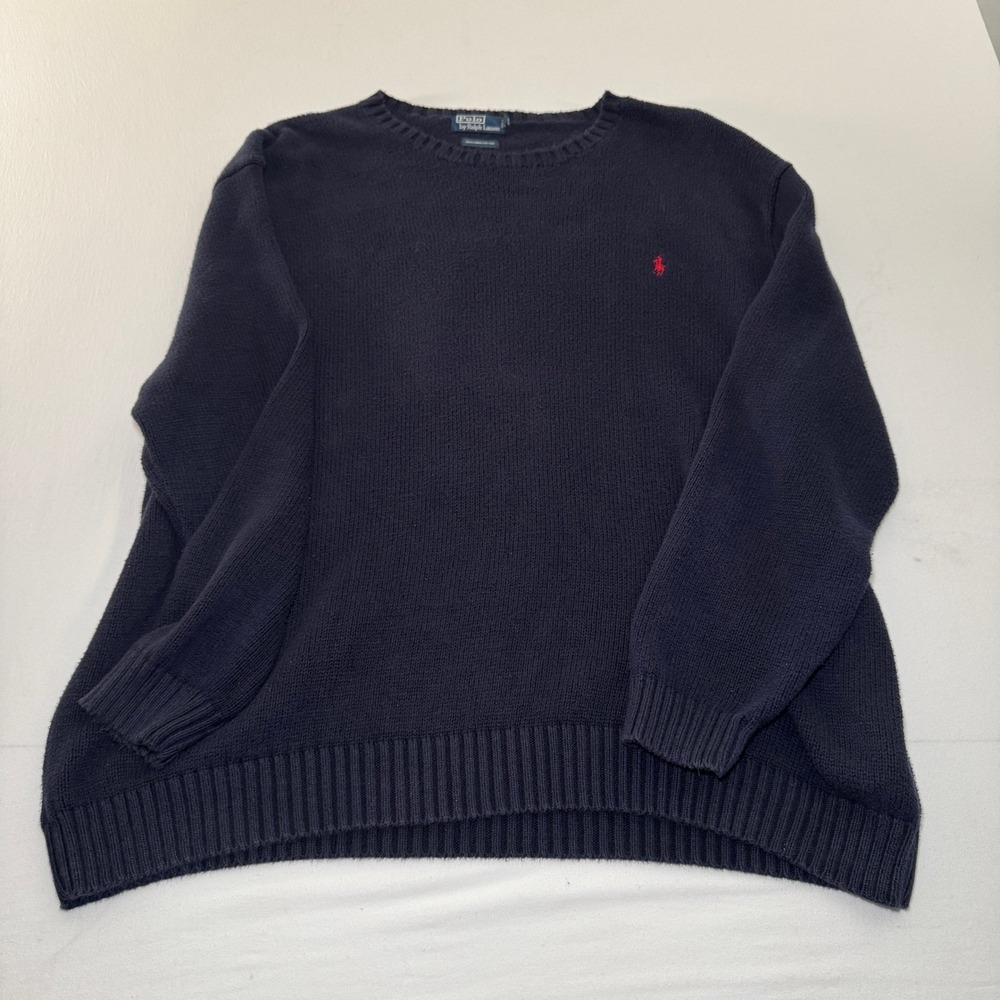 Polo Ralph Lauren Men 4X Big Navy Blue 100%  Cotton Crewneck Sweater Red Pony